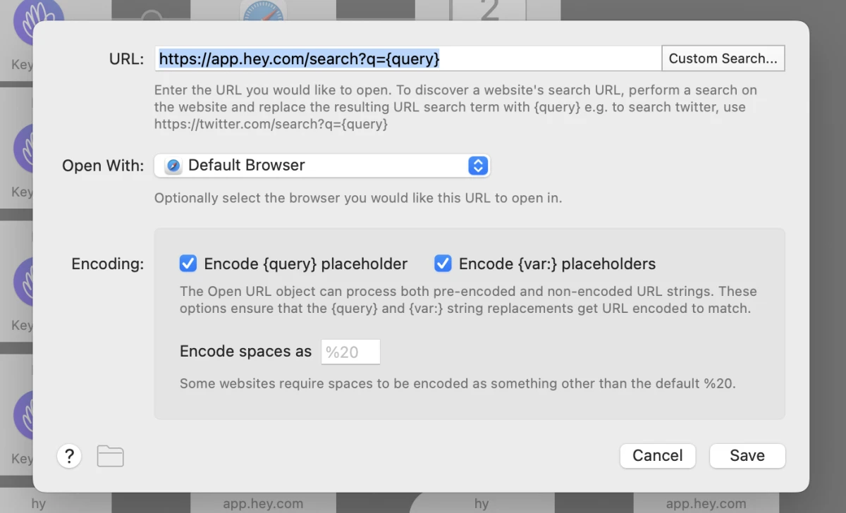 Creating an Alfred workflow to search for an email in HEY